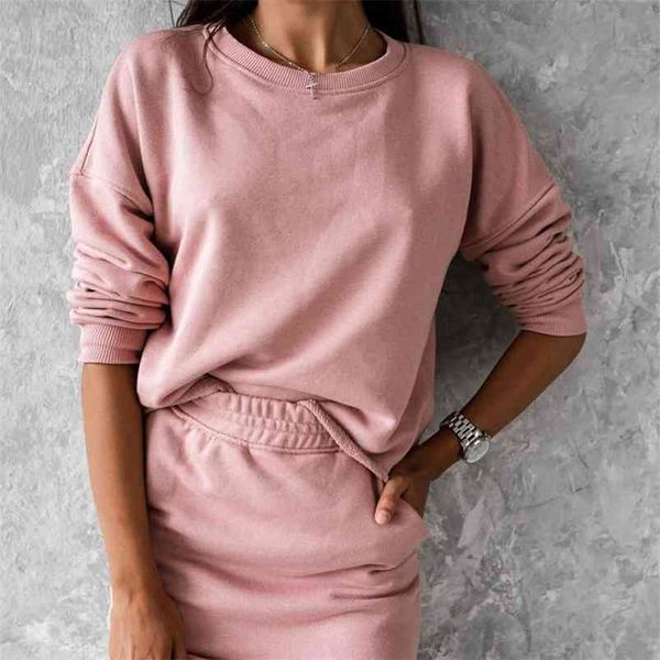 Été Rose Survêtement MIni Jupe Ensembles Pour Femmes O-Cou À Manches Longues Tops Femme Costumes Automne Casual Dames Jupes Courtes Ensemble 210722