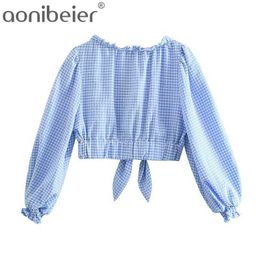 Zomer plaid bijgesneden blouse lange bladerdeeg mouw ruches trim korte shirt chic button up knot front gingham vrouwelijke tops 210604