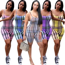 Zomer plaid print romper voor dames mouwloze v-neck skinny shorts ins nachtclub slank backless een stuk jumpsuits als024