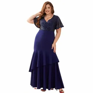 Zomer Plus Size 4XL5XL Koningsblauw Pailletten Korte Mouw V-hals Dr Elegante Luxe Party Maxi Fishtail Jurk 2023 Plus Size C7xQ#