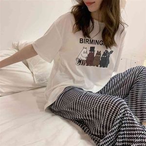 Zomer Plus Size Pyjama voor Dames Cartoon Black T-shirt en Houndstooth Long Pants Home Wear tweedelige pakken 210529