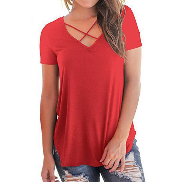 Été Plus Taille T-shirt à manches courtes Femmes Front Poitrine Cross V-Cou Dames Casual Lâche Coton T-shirt 210608