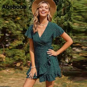 Zomer polka dot v-hals casual een lijn flare korte mouw elegante wrap mini jurk ruches sundress vestidos 210413