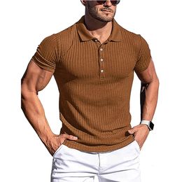 Summer Polo Men Solide Stripe Fitness Elasticity Shirts à manches courtes pour le collier de la mode Hommes 240423