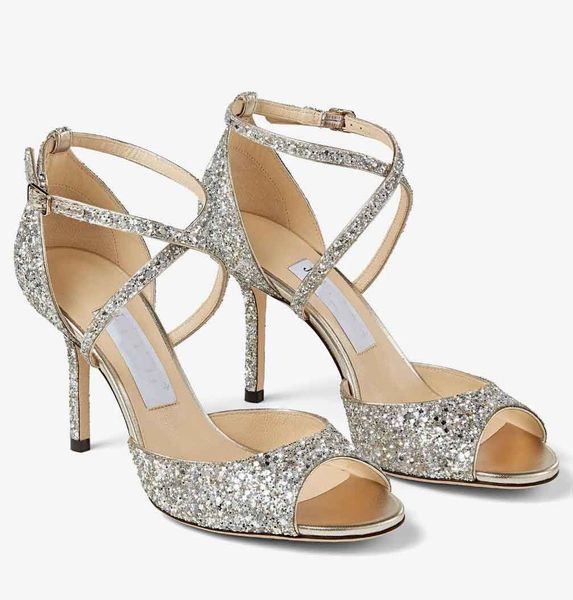 Été populaire Emsy sandales chaussures cristal cerises talons hauts paillettes en cuir femmes dame robe de mariée marques de soirée Lady Gladiator Sandalias