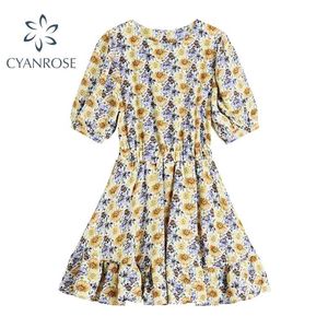Zomer prairie chic elegante print jurk vrouwen mode bladerdeeg korte mouw jurken vrouwelijke casual Koreaanse mini pluizige frcoks 210515