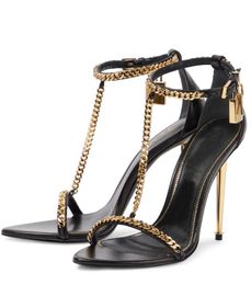 Zomerprefect Tomfo Gold Chain Link Sandalen schoenen Hangslot Pointy Naked Women Luxe Designer Lady Lady High-Haked Party Wedding Gladiator Sandalias