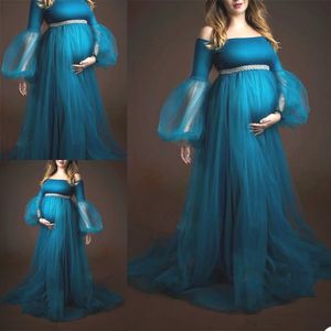 Zomer zwangere vrouwen nachtkleding off shoulder tule lange mouw nachthemd voor fotografie bruiloft avondjurk slijtage