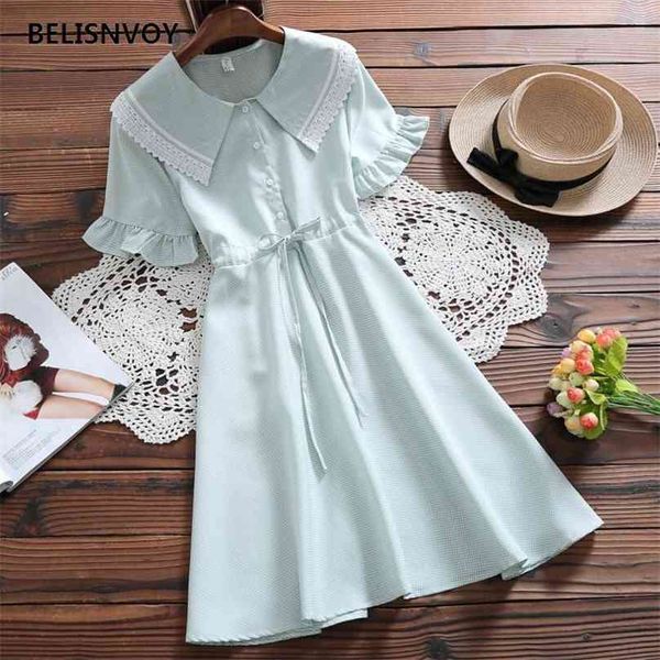 Été Preppy Style Femmes Sweet Mini Robe Peter Pan Collier À Lacets Plaid Flare Manches Élégant Kawaii es 210520