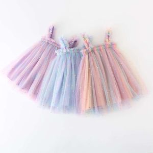 Zomer kleuterschool baby regenboog pailletten dun gaas schattig zoete meisje Halloween sling jurk l2405