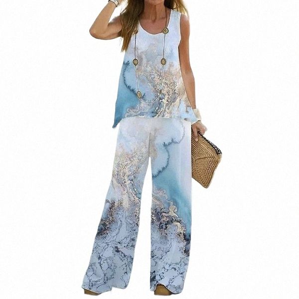 Summer Print Thin Secti Tee 2 pièces Ensemble 2023 Femmes Col rond Débardeur Pantalon à jambes larges Costume élégant Sleevel Office Lady Tenues r6wk #