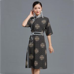 Robe cheongsam mongole rétro imprimée d'été pour femmes, robe ethnique Qipao, vêtements nationaux traditionnels, costume oriental classique à demi-manches