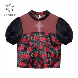 Zomer bladerdeeg Korte mouw Cheongsam Dames Blouse Korean Casual Vintage Floral Print Vrouwelijke Flanel Shirt Top 210515