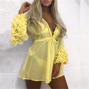 Été manches bouffantes Robe de plage femmes maillots de bain maillots de bain Bikini couvrir tunique caftan paréo dames Boho Robe 220527