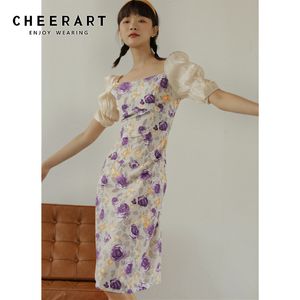 Été Puff Sleeve Floral Bodycon Robe Femmes Élégant Violet Carré Col Court Tunique Dames Français 210427