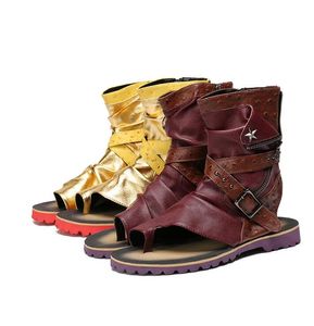 Sandalias de estilo Punk de verano para hombre, botas de gladiador con punta abierta, zapatos planos informales negros, botines al tobillo, zapatos de playa para hombre