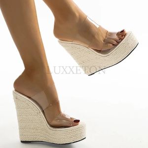 PVC Summer Transparent Diaper Shoelace Woven Platform Platepre Cospers Sandals Womens Fashionable High Heels Womens Chaussures 240425