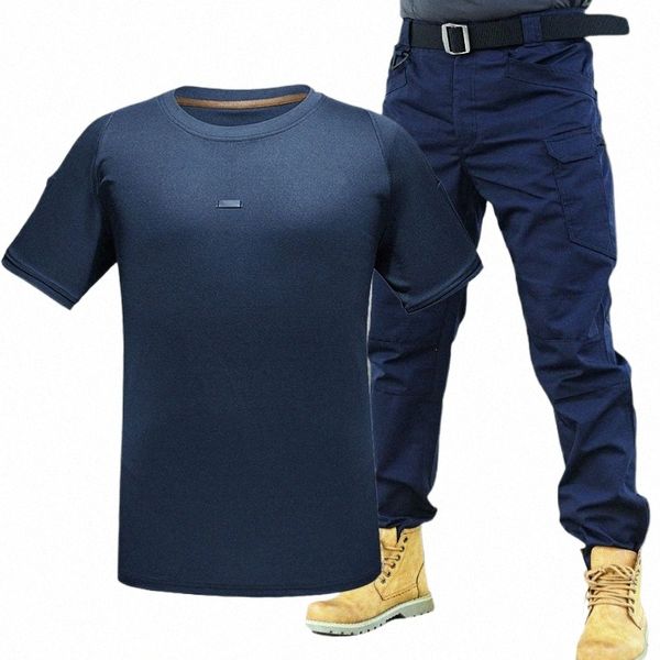 Été Séchage rapide Ensembles Hommes Militaire Respirant T-shirts à manches courtes + Armée Multi-poches Pantalon cargo imperméable Bleu Ensemble tactique N9iT #