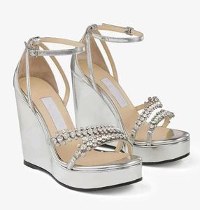 Zomer klaar bing sandalen dames comfortabele wig hiel latte napa lederen kristal dubbele teen riem hakken feest EU35-43