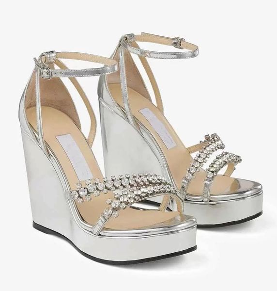 Sandalias Ready Bing de verano para mujer, cómodas Tacón de Cuña, cuero Latte Napa, cristal, doble correa, tacones altos, EU35-43 de fiesta