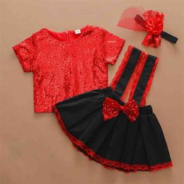 Zomer Rode Sequin Decoratie Top + Black Strap Rok Bowknot Girl Set Kid Suit Kleding Sets Babykleding 210528