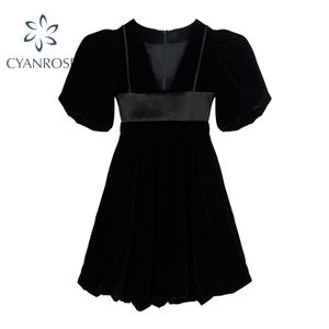 Été Rétro Noir Crop Dress Femmes À Manches Courtes Flanelle Élégant Mini Robes Party Club Mode Rok Midi Vestidos Muejr 210417