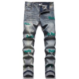 Zomer retro blauwe jeans voor mannen brief bedrukte katoenen denim broek mode stedelijke mid taille casual broek vaqueros de hombre