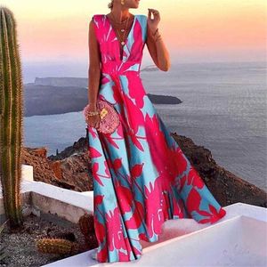 Zomer Retro Bloemen Gedrukt Party Lange Jurk Vrouwen Elegante Sexy Diepe V-hals Mouwloos Damesmode Strand es 220210