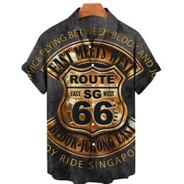 Été rétro hommes chemises hawaïennes US Route 66 3D imprimé ample respirant bouton vers le bas à manches courtes vacances plage chemises pour hommes 220607