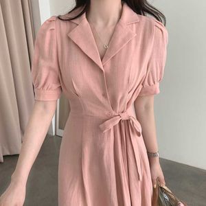 Verano retro cintura delgada encaje hasta muesca soplo manga corta algodón y lino vestido mujeres temperamento rosa vestido femenino dulce 210610