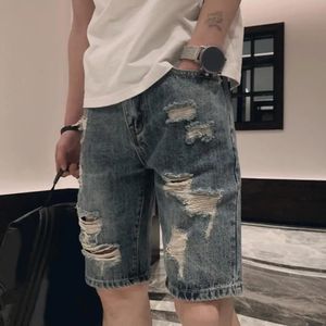 Zomer gescheurde gaten denim shorts mid-rise zakken zakken ritsknop vlieg recht poot knie lengte mannen korte jeans streetwear 240412