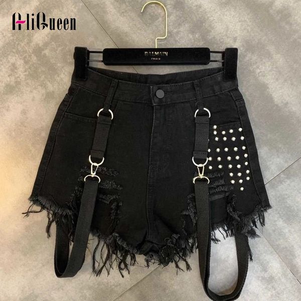 Été Rivet bandoulière femmes taille haute Denim Shorts dames trou noir gland Streetwear Sexy salopette Jean 240411