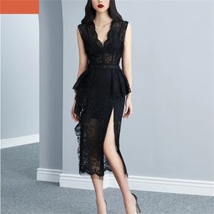 Zomer Gewaad Femme Koreaanse Elegante Kant Katoen Maxi Jurk Vrouwen Mouwloze V-hals Geborduurde Mermaid Lange Party 210603