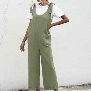 Zomer Rompertjes Womens Jumpsuit Fashion Casual Effen Kleur Kant Pocket Jumpsuits Bodysuit voor Dames High Street 210514