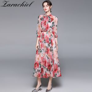 Zomerbaan elegante chiffon lange jurk vrouwen boog kraag lantaarn mouw rode bloemenprint boho vakantie feestjurken 210416