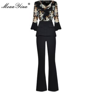 Zomer Runway Fashion Pants Suit Dames V-hals Floral Print Tops en losse zwarte wijde been 2 stuks Set 210524