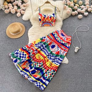 Summer Runway Holiday Beach Two Piece Set Womens tasse de bracelet à spaghetti rembourré Colorbock Imprimé court crop tops Maxi Jirts Suit 240412