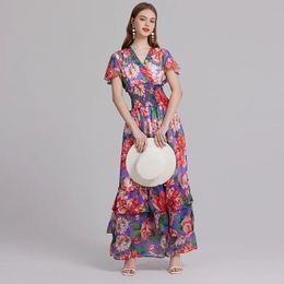 Summer Rison Holiday Flower Ruffles Cake Murffon Robe Womens V-Neck manches courtes à manches A-Line Place Page Maxi Robe Long Vestidos 240423