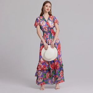 Summer Rison Holiday Flower Ruffles Cake Murffon Robe Womens V-Neck manches courtes à manches A-Line Place Page Maxi Robe Long Vestidos 240426