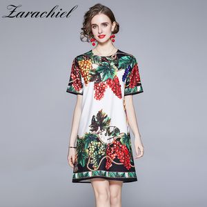 Zomer Runway Dames Elegante Korte Mouw O-hals Druif Flower Gedrukt Vrouw Losse A-Lijn Mini T-shirt Jurk 210416