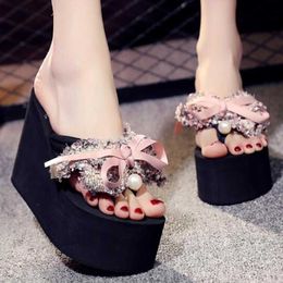 Zomer Sandal High Heels Chiffon Bow Super Flip Flops Beach Shoes Thong Slippers Wedge Platform Outdoor SH71 210625