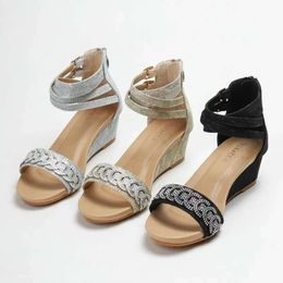 Sandales d'été 2024 femmes flash diamant chaussures romaines coin talon mode motif foncé croix zip dames fête vocation saa