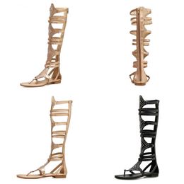 Sandales d'été nouveau doré noir femmes bottes de gladiateur en cuir Pu bout ouvert genou haut Rivet Zip décontracté chaussures à talons plats 230511
