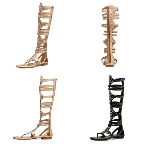 Sandalias de verano, nuevas botas de gladiador doradas y negras para mujer, cuero Pu, punta abierta, hasta la rodilla, remache, cremallera, zapatos de tacón plano informales 230511