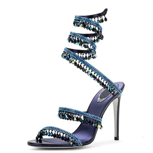 Sandales d'été Femmes Water Diamond Diamant en forme de la cheville enveloppée Crystal Ribbon Sexe Sexe Talons hauts High Party Pmission 240426