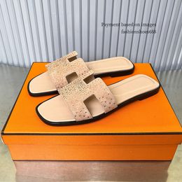 Zomer sandalen damesschoenen abrikoos gekleurde strass lederen patchwork slipper luxueuze ontwerper platte bodem comfortabele strandschoenen casual sandaal 35-42 +doos