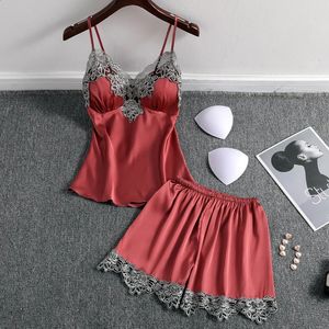 Zomer satijn 2 stcs pyjama's pak riem top shorts lady sexy nachtkleding slaapkleding kant intieme lingerie nachthemd huiskleding 240402