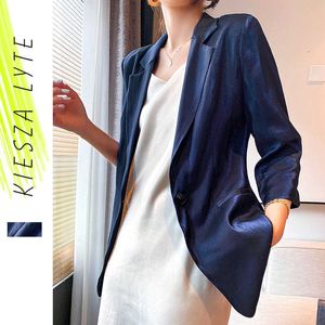 Été Satin Blazer Femme Brillant Mince Solide Bleu Poche Bureau Dame Crème Solaire Costume Vestes Bonne Qualité 210608