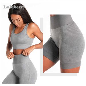 Summer SEAMLSPORT Set Femmes Grey Rid Sport Bra Crop Top Booty High Taist Shorts vital Fitnshort Yoga Workout Gym Sett X0629