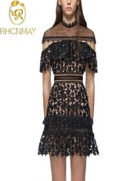 Été autoportrait piste dentelle robe femmes noir évider étoile Crochet cape manches ALine es fête robes 2105201223280